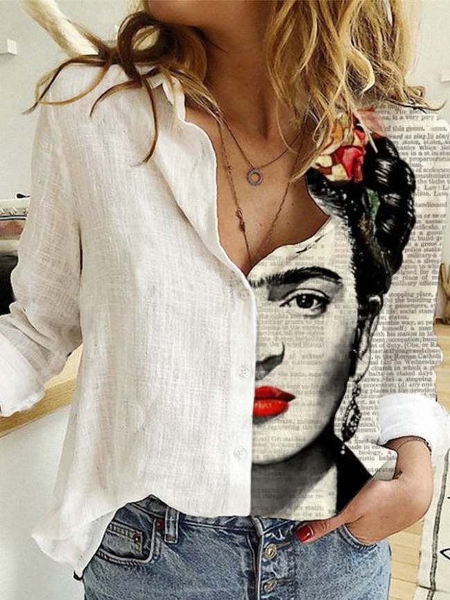 Women's Frida Khalo Newspaper Print Cotton Linen Shirt