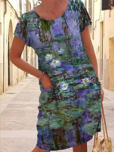 Women's Oil Painting Water Lilies Print Pocket Dress