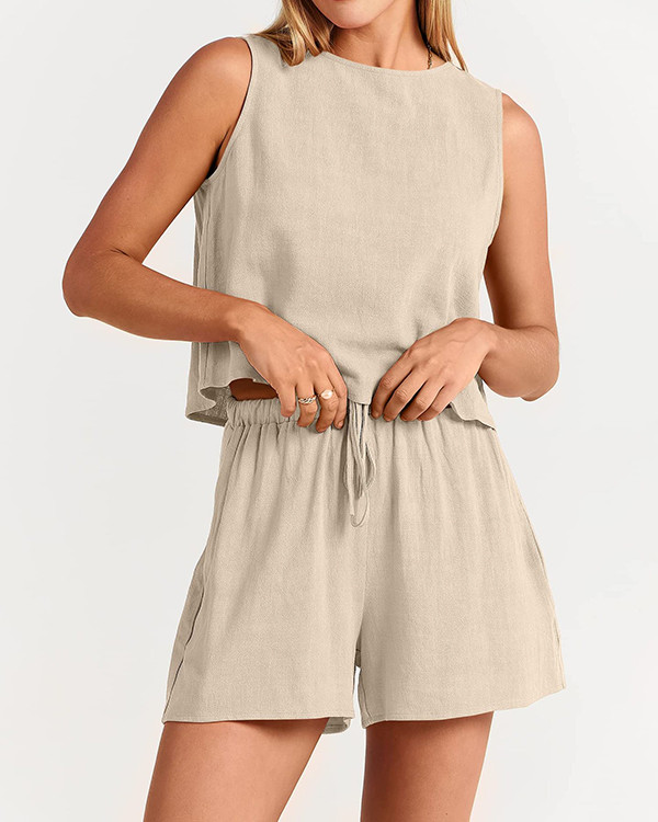 Temperament Sleeveless Linen Solid Color Two Piece Set