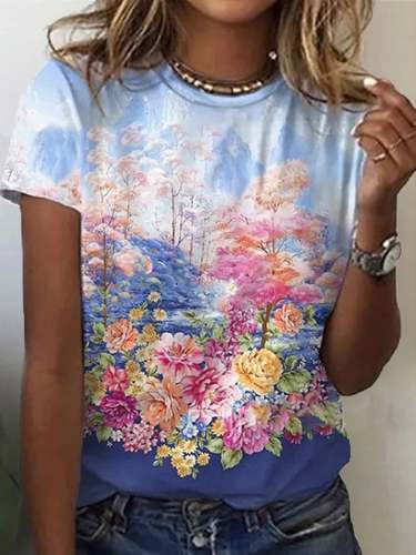 Women's Oil Painting Floral Print Crew Neck Short Sleeve T-Shirt