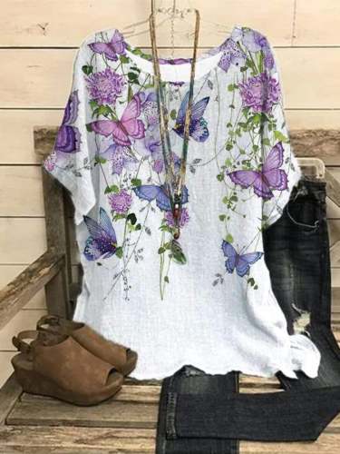 Women's Cotton Linen Flower Print Loose Casual T-Shirt