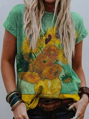 Women's World Famous Painter Sunflower Oil Painting Short Sleeve T-Shirt