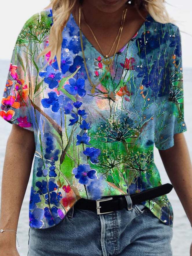 Floral Art Print Tie Dye V-Neck T-Shirt