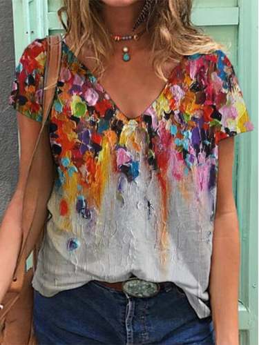 Women's Color Oil Painting V-Neck Casual T-Shirt