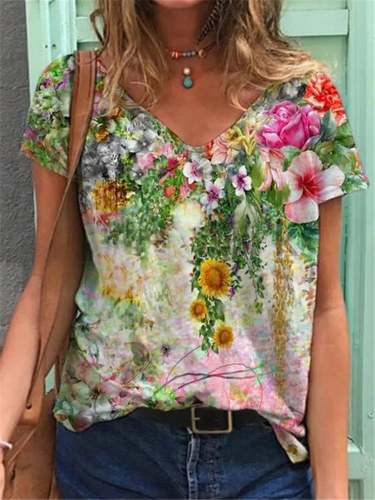 Women's Oil Painting Floral Print V-Neck Short Sleeve Tee