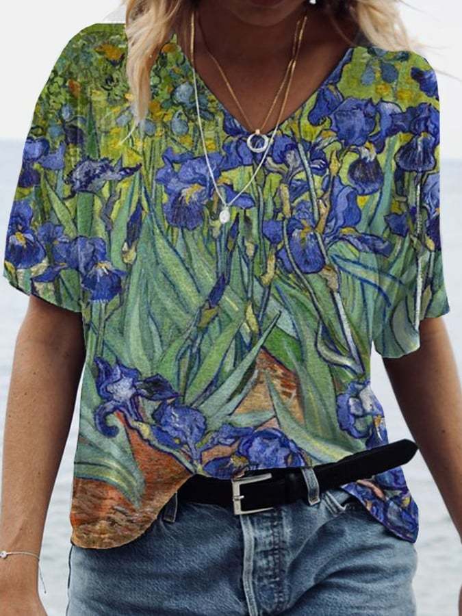 Women's Oil Painting Iris Flower Print V-neck T-shirt
