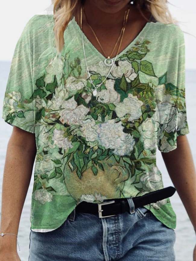 Women's Vintage Roses by Vincent van Gogh Print V-neck T-shirt