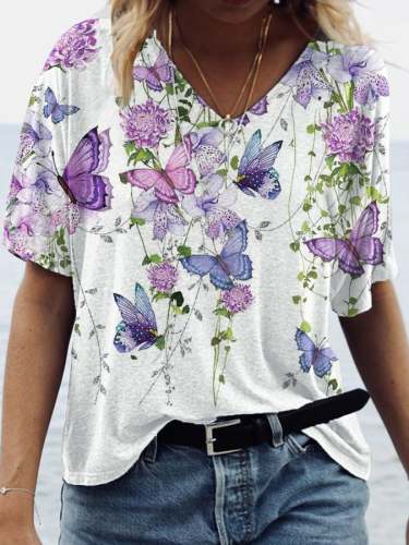 Women's Floral Print V Neck T-Shirt