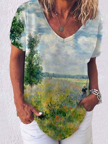 Women's Commemorative World Famous Painter Oil Painting V-Neck T-Shirt