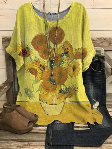 Women's Cotton Linen Sunflower Oil Painting Print Loose Casual T-Shirt