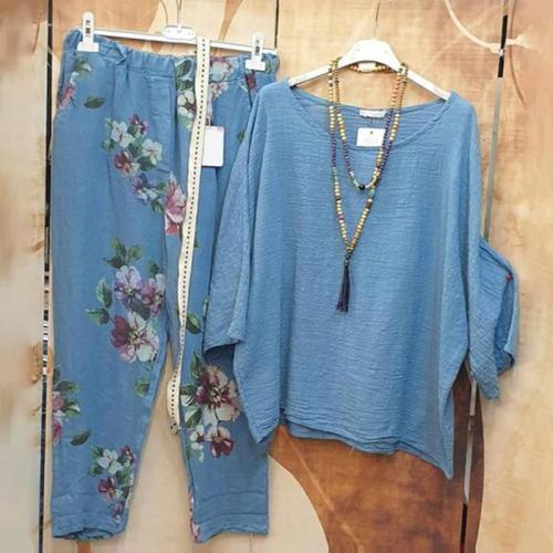 Blue Round Neck Top And Floral Printed Pants Two-Piece Set