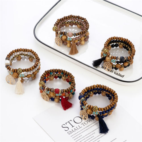 Multi-Layer Wooden Bead Beaded Bracelet Elastic Bracelet