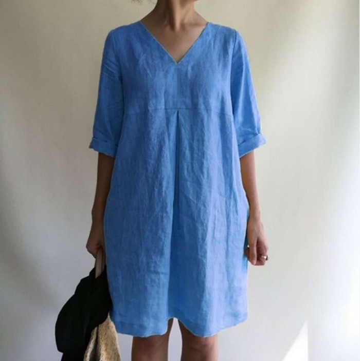 V-neck Solid Color Cotton and Linen Loose Dress