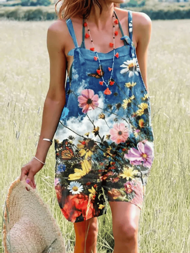 Women's Butterfly Flower Printed Casual Suspender Shorts