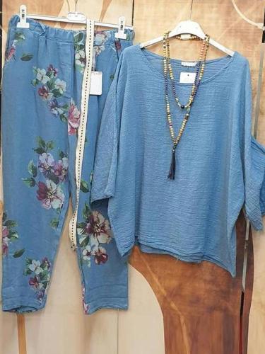 Blue Round Neck Top And Floral Printed Pants Two-Piece Set