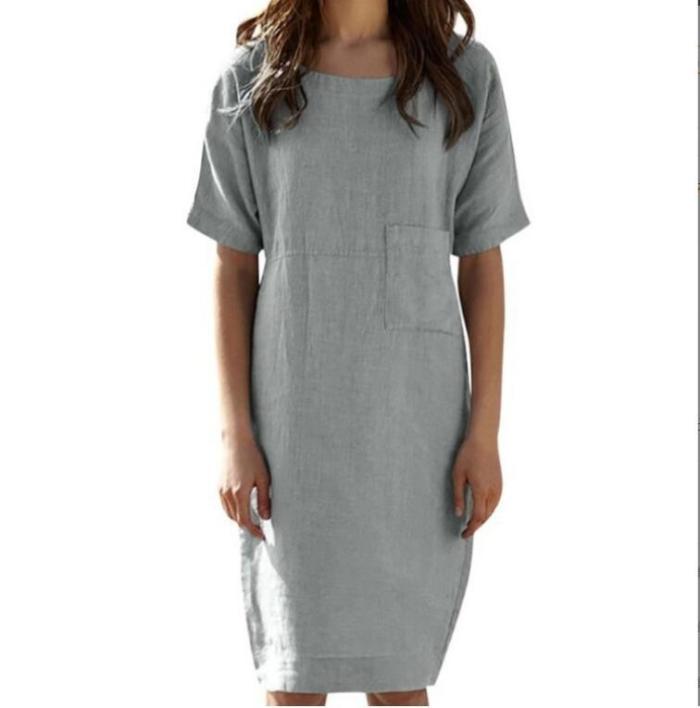 Round neck cotton linen dress pocket dress