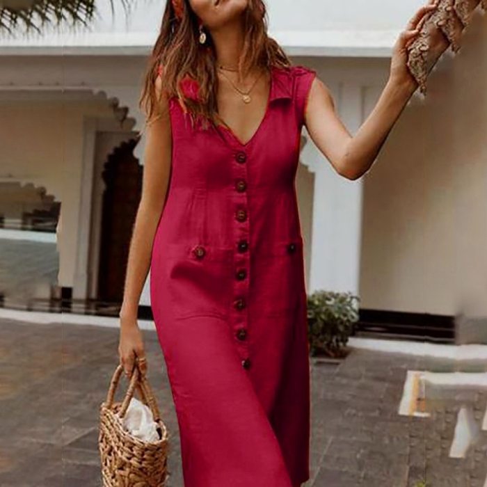 Boho Style  Plus Size Casual Solid Color Sleeveless Midi Dress