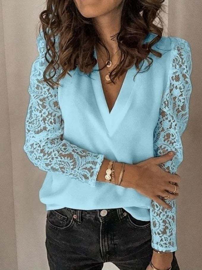 Women's Lace Stitching Hollow Sleeve V-Neck Top