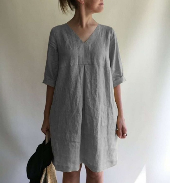 V-neck Solid Color Cotton and Linen Loose Dress