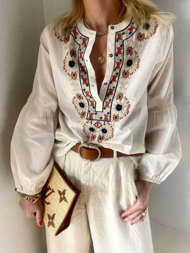 UR Ethnic Embroidery Half Button Puff Sleeve Casual Blouse