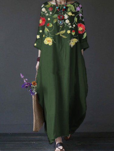 Women's Floral Print Cotton And Linen Loose Plus Size Dress