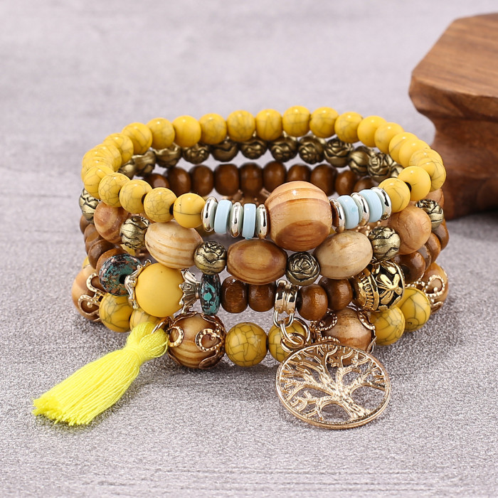Multi-Layer Wooden Bead Beaded Bracelet Elastic Bracelet