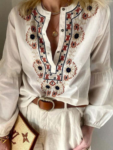 UR Ethnic Embroidery Half Button Puff Sleeve Casual Blouse