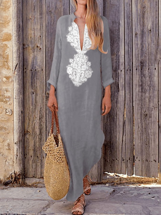 Women's Cotton Linen V-Neck Loose Long Sleeve Dress