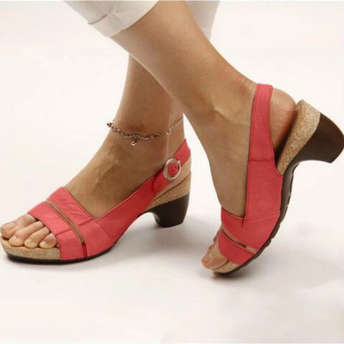 Women's Solid Color Chunky Heel Buckle Sandals