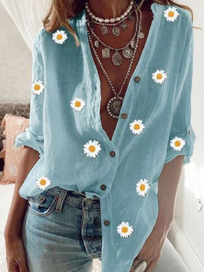 Daisy Print Long Sleeve Casual Shirt