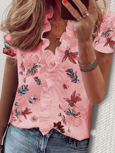 Women's Floral Print Ruffle Short Sleeve Shirt