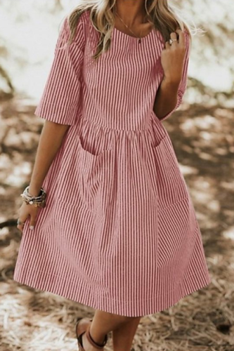 Casual Striped Pocket O Neck The MIDI Dress Dresses