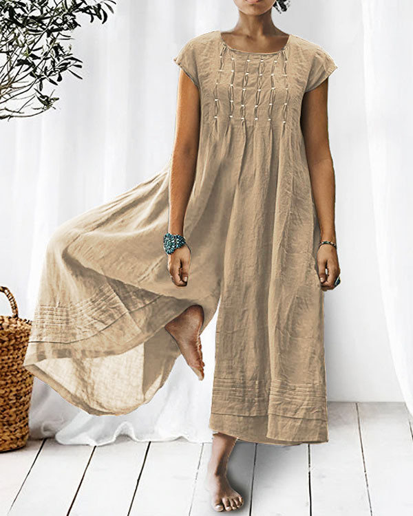 Casual Solid Color Short-sleeved Linen Jumpsuit