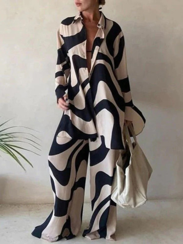 Long Sleeves Wide Leg Printed Lapel Two Pieces Set
