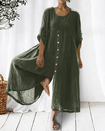 Casual Solid Color Long Mid-length Sleeve Linen Jumpsuit