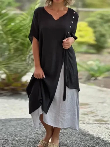Country Style V Neck Short Sleeve Irregular Hem Dress for Women
