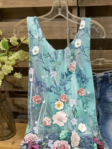 Floral Sleeveless Printed Polyester Crew Neck Sweet Summer Blue Top