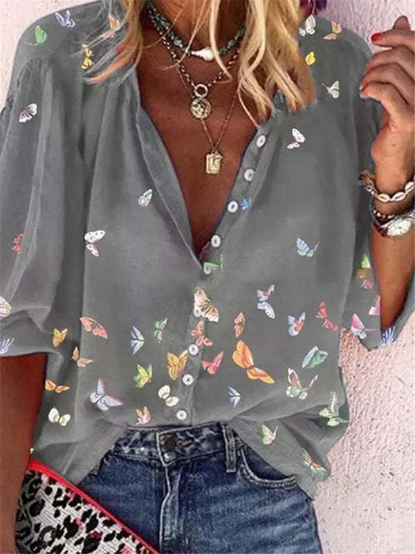 Women Colorful Butterfly Print Chiffon Long Sleeve Shirt