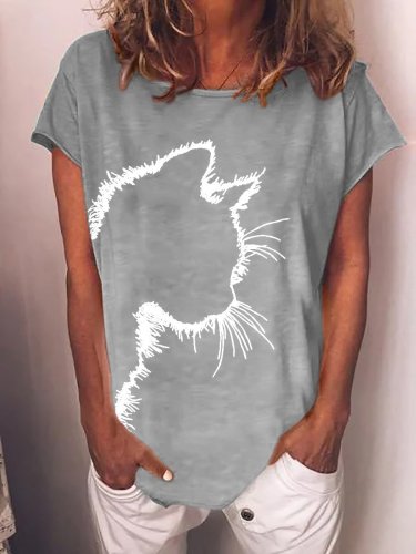 Women'S Short Sleeve Cotton-Blend Crew Neck Cat Print T-shirt