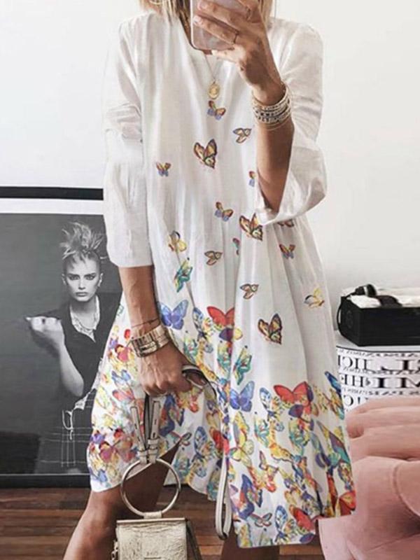 Women's Butterfly Printed Round Neck Linen Dress