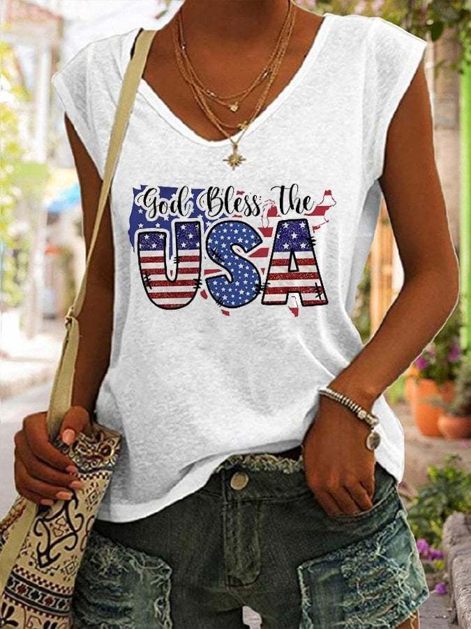 Women's God Bless The USA Flag Print Sleeveless T-Shirt