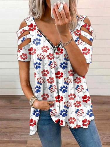 Women's Flag Print V-Neck Zip Short Sleeve T-Shirt