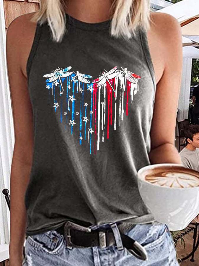 Women's Dragonfly American Flag Heart Print Tank Top