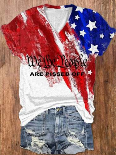 Women's Independence Day 1776 We The People Are Pissed Off Flag Print V-Neck T-Shirt