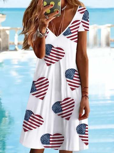 Women's American Flag Heart Print V-Neck Dress