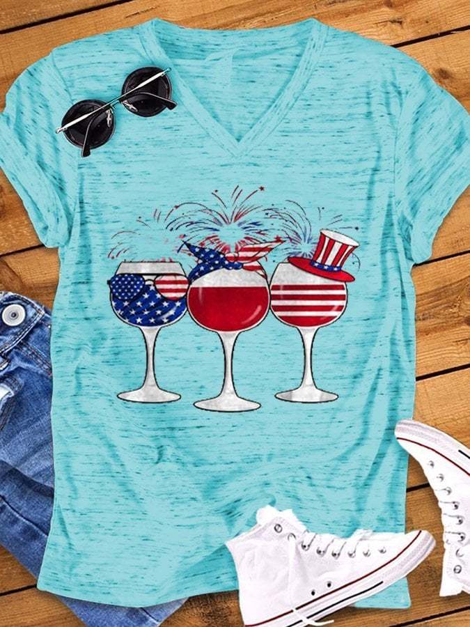 Women's Wine Glass Fireworks Flag Print Snowflake Dot V-Neck Short Sleeve T-Shirt