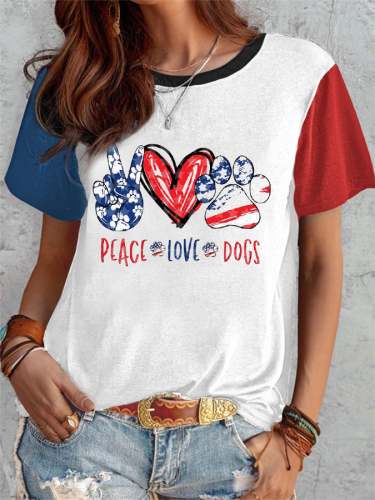 Women's American Flag Love Heart Dog Paw T-Shirt