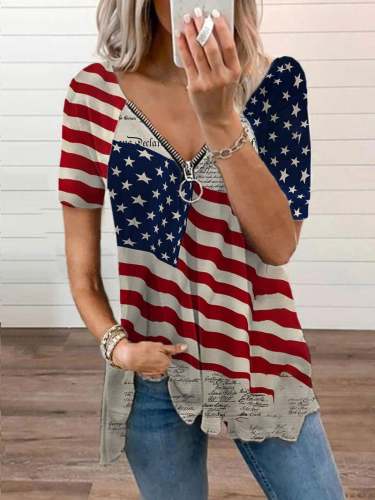 Women's Independence Day Flag Print Zipper V-Neck Top