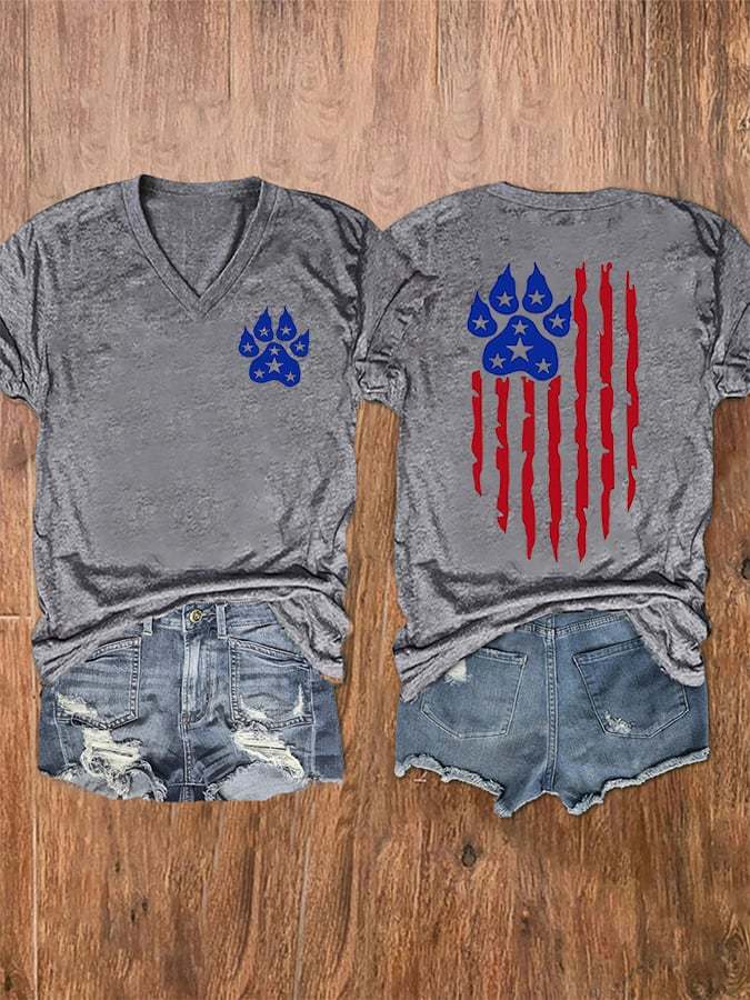 Women's Dog Paw American Flag Heart Print V-Neck T-Shirt