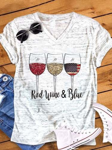 Women's Red Wine Blue Wine Glass Flag Print Snowflake Dot V-Neck Short Sleeve T-Shirt